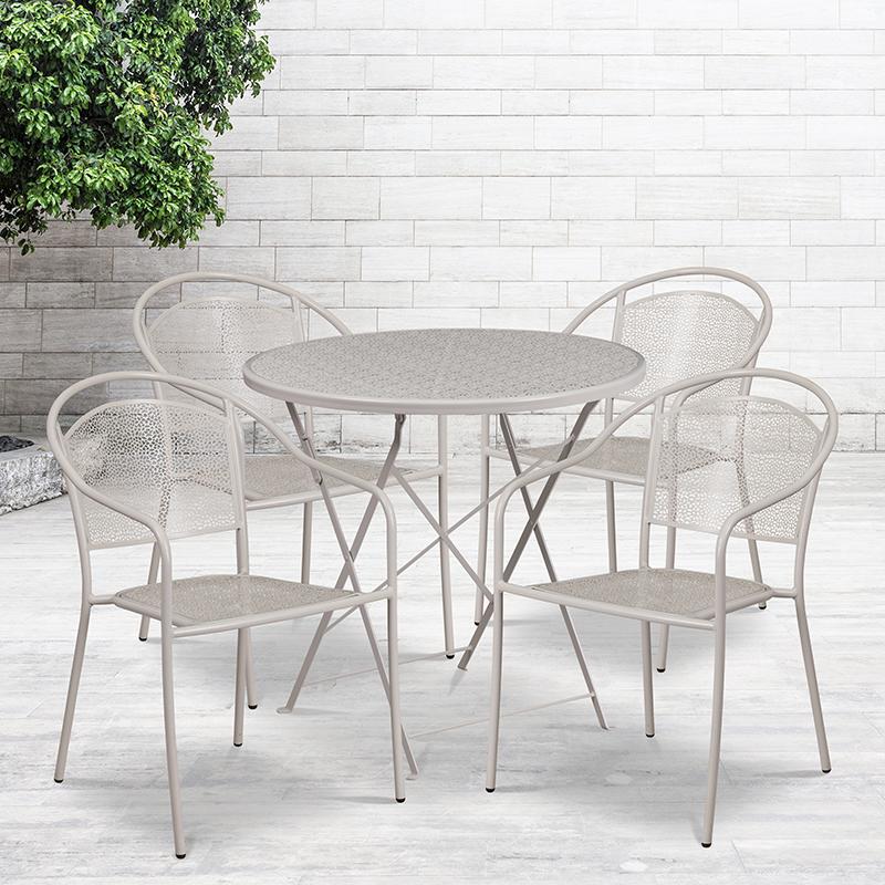 Commercial Grade 30" Round Light Gray Indoor-Outdoor Steel Folding Patio Table Set with 4 Round Back Chairs. Picture 4