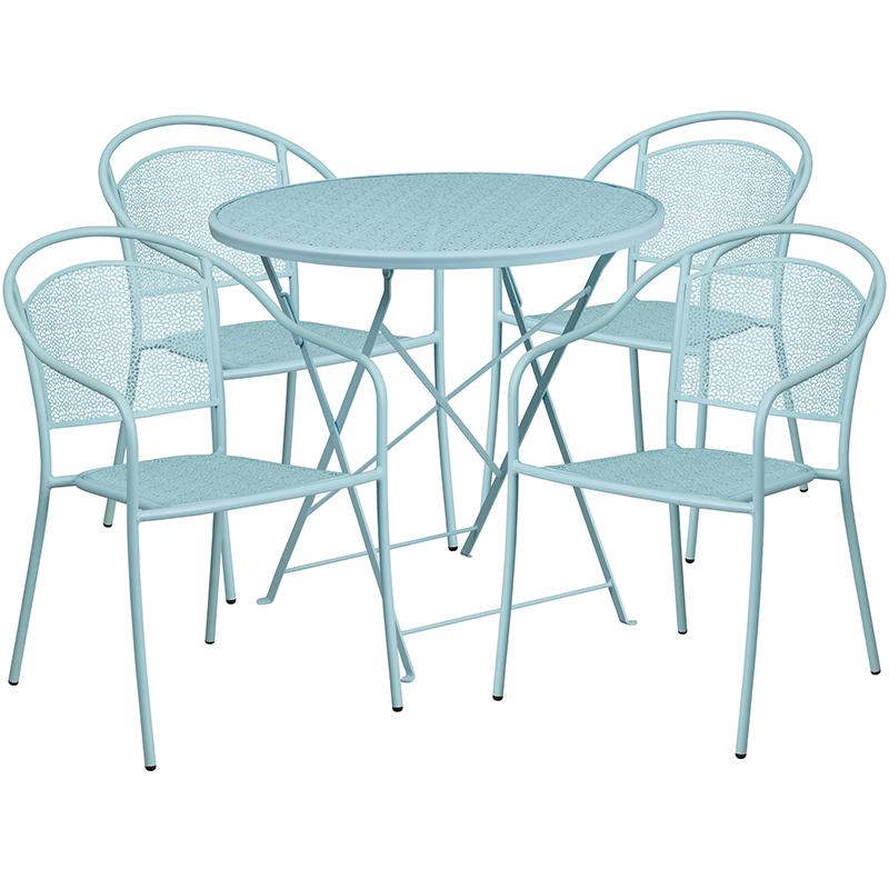 30" Round Sky Blue Indoor-Steel Folding Patio Table Set with 4 Round Back Chairs. Picture 2