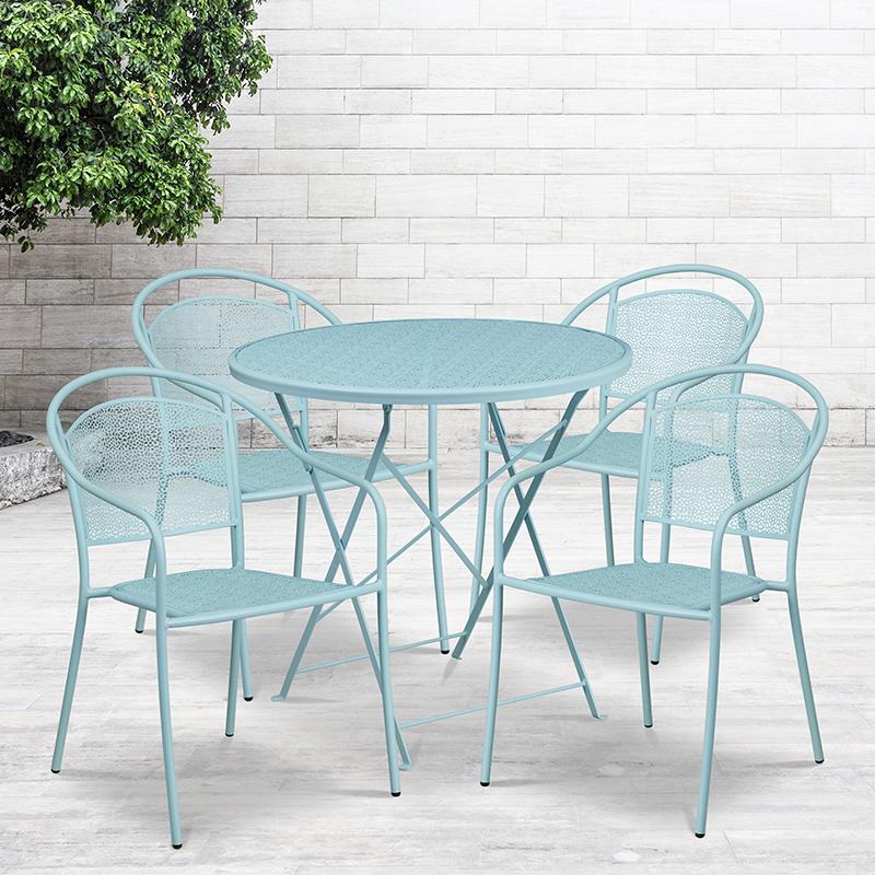 Commercial Grade 30" Round Sky Blue Indoor-Outdoor Steel Folding Patio Table Set with 4 Round Back Chairs. Picture 4