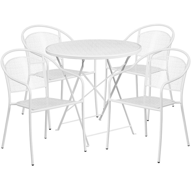 Commercial Grade 30" Round White Indoor-Outdoor Steel Folding Patio Table Set with 4 Round Back Chairs. The main picture.