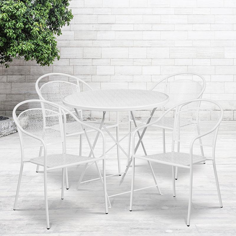 Commercial Grade 30" Round White Indoor-Outdoor Steel Folding Patio Table Set with 4 Round Back Chairs. Picture 4