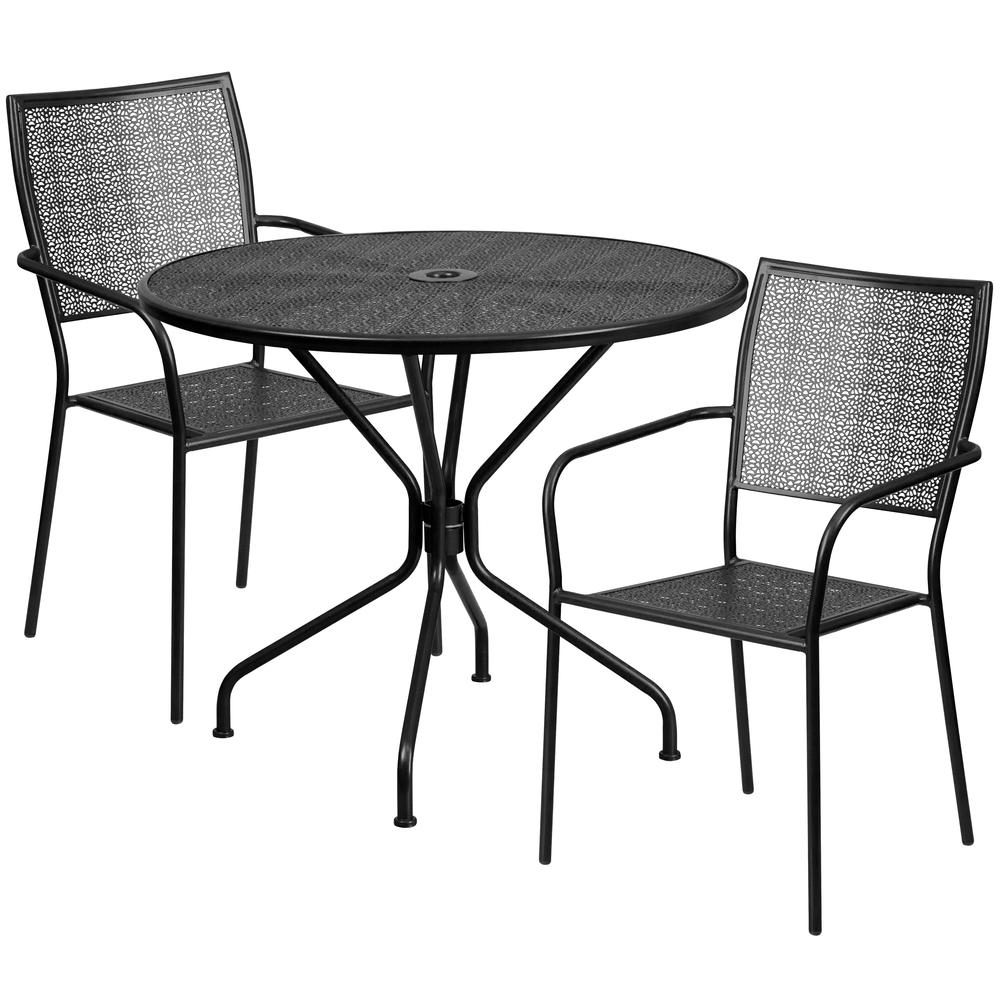 35.25" Round Black Indoor-Outdoor Steel Patio Table Set with 2 Back Chairs. Picture 2
