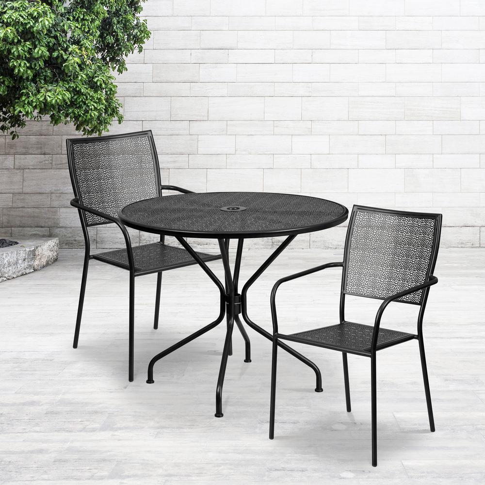 35.25" Round Black Indoor-Outdoor Steel Patio Table Set with 2 Back Chairs. Picture 1