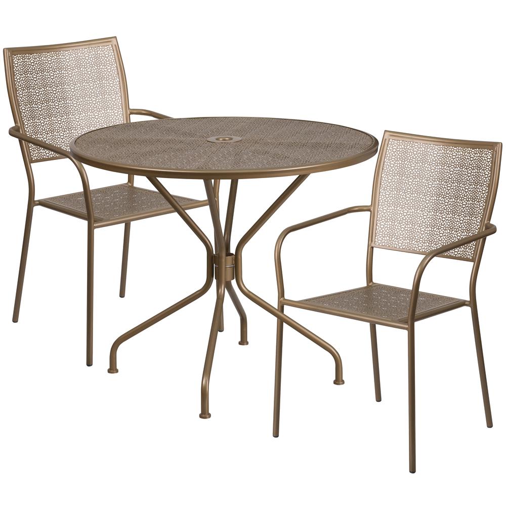 Commercial Grade 35.25" Round Gold Indoor-Outdoor Steel Patio Table Set with 2 Square Back Chairs. Picture 1
