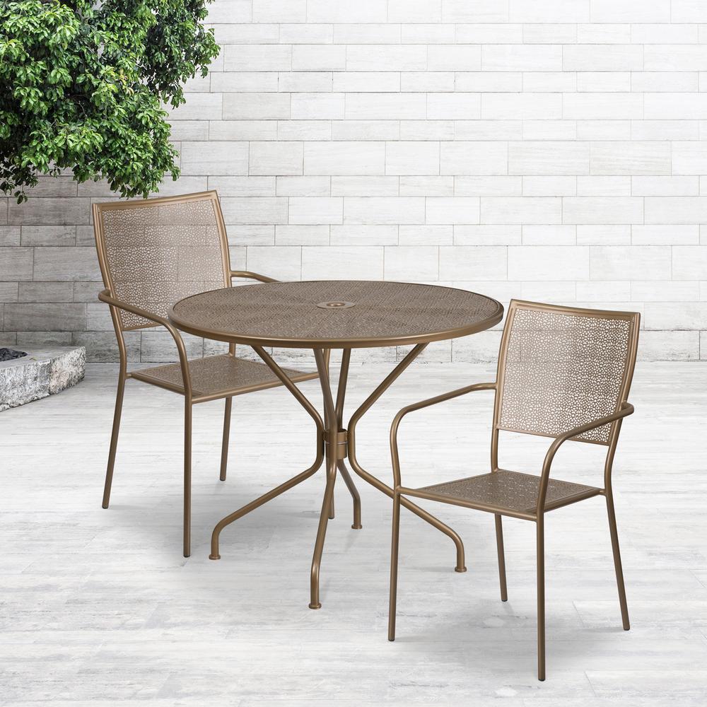 35.25" Round Gold Indoor-Outdoor Steel Patio Table Set with 2 Square Back Chairs. Picture 1