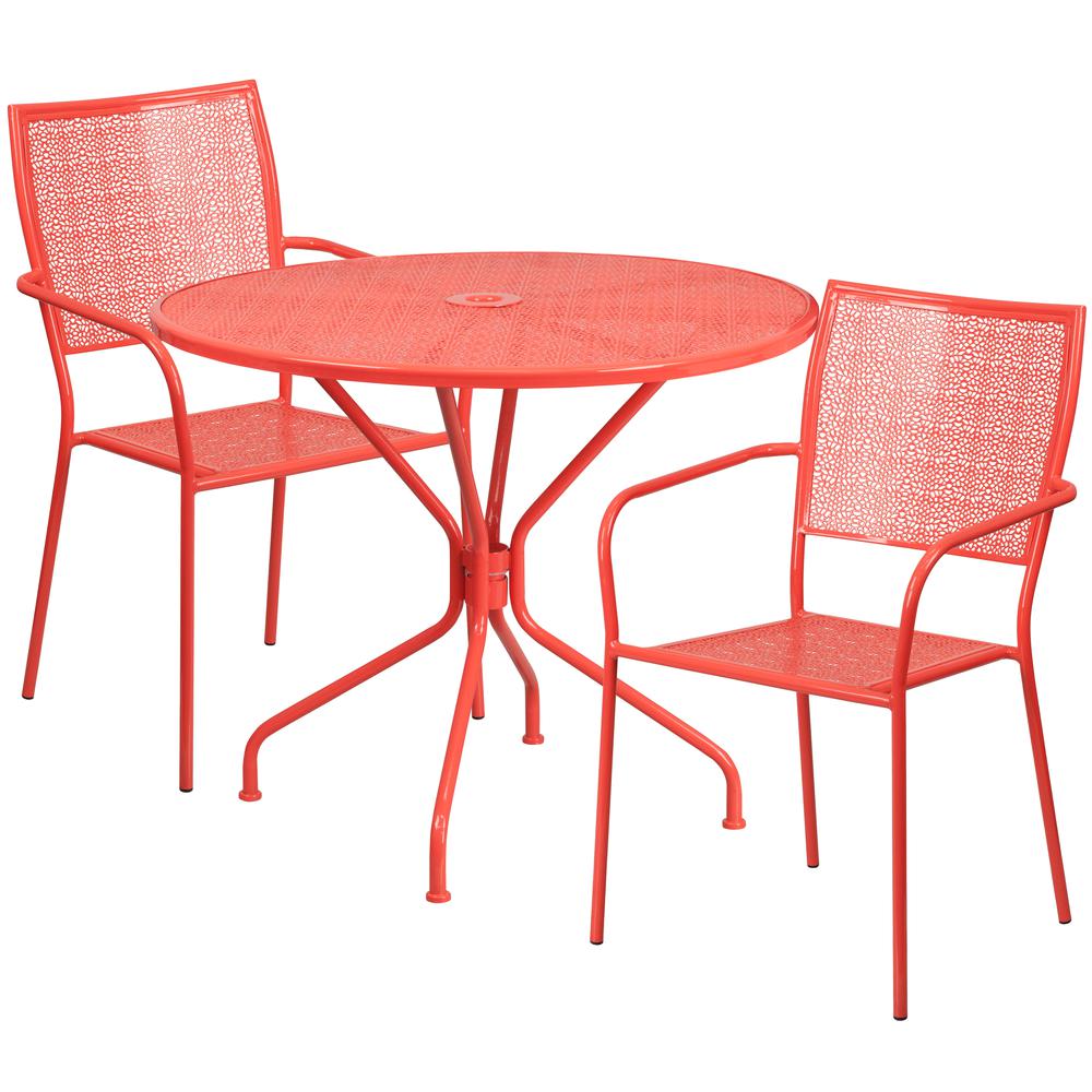 Commercial Grade 35.25" Round Coral Indoor-Outdoor Steel Patio Table Set with 2 Square Back Chairs. Picture 1