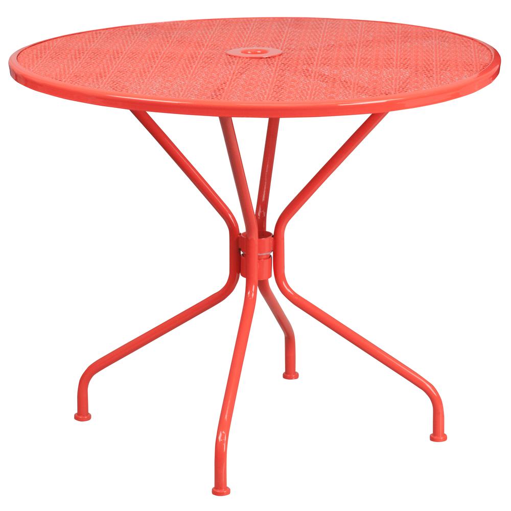 Commercial Grade 35.25" Round Coral Indoor-Outdoor Steel Patio Table Set with 2 Square Back Chairs. Picture 2