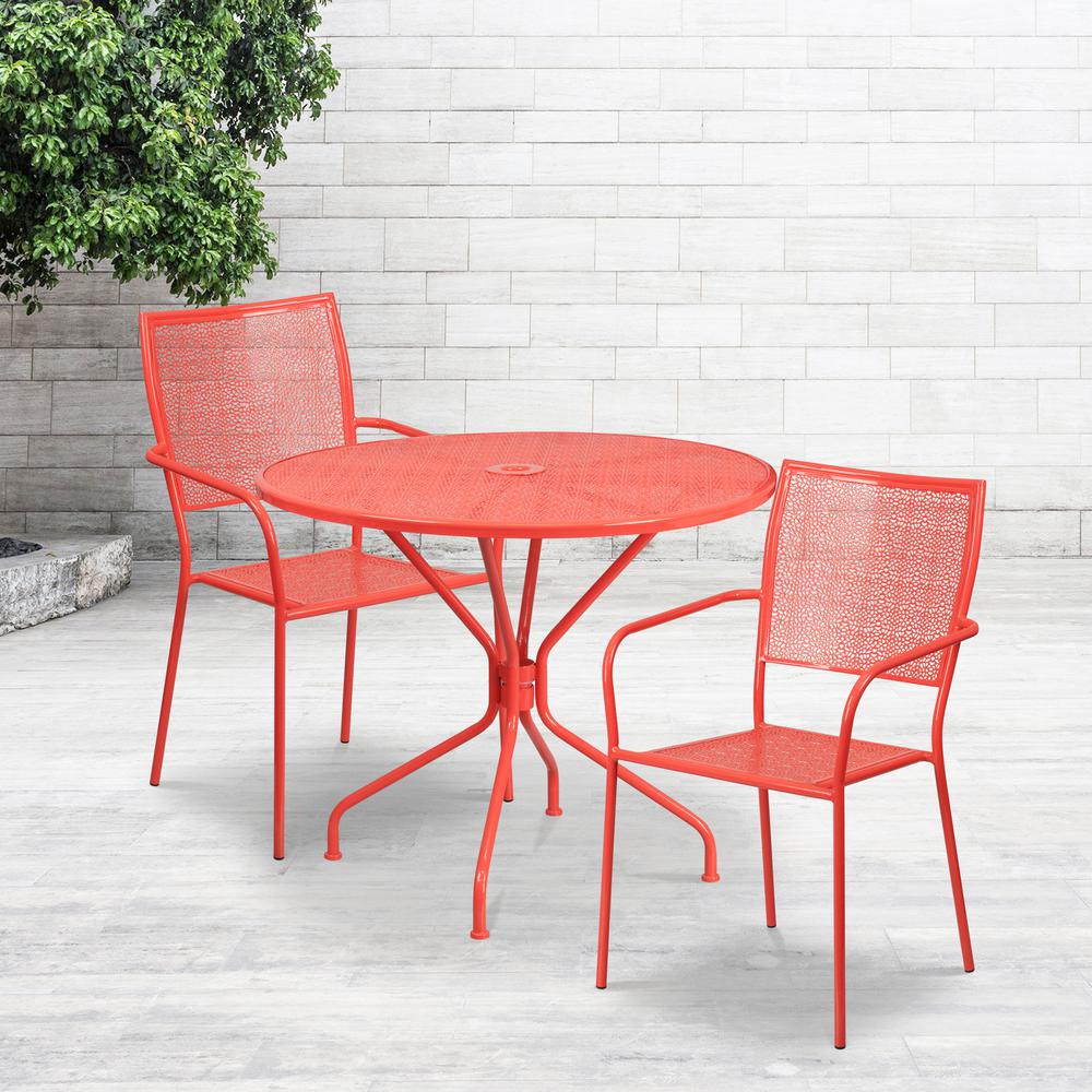Commercial Grade 35.25" Round Coral Indoor-Outdoor Steel Patio Table Set with 2 Square Back Chairs. Picture 4