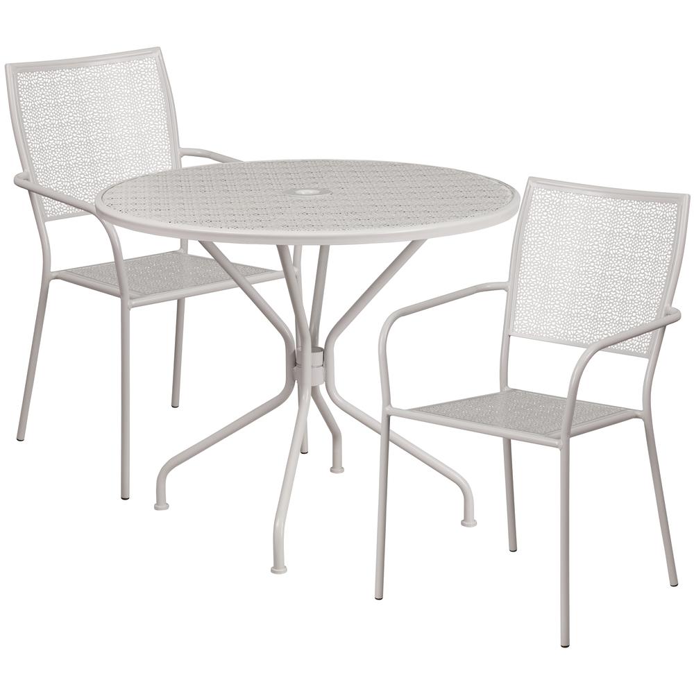 Commercial Grade 35.25" Round Light Gray Indoor-Outdoor Steel Patio Table Set with 2 Square Back Chairs. The main picture.
