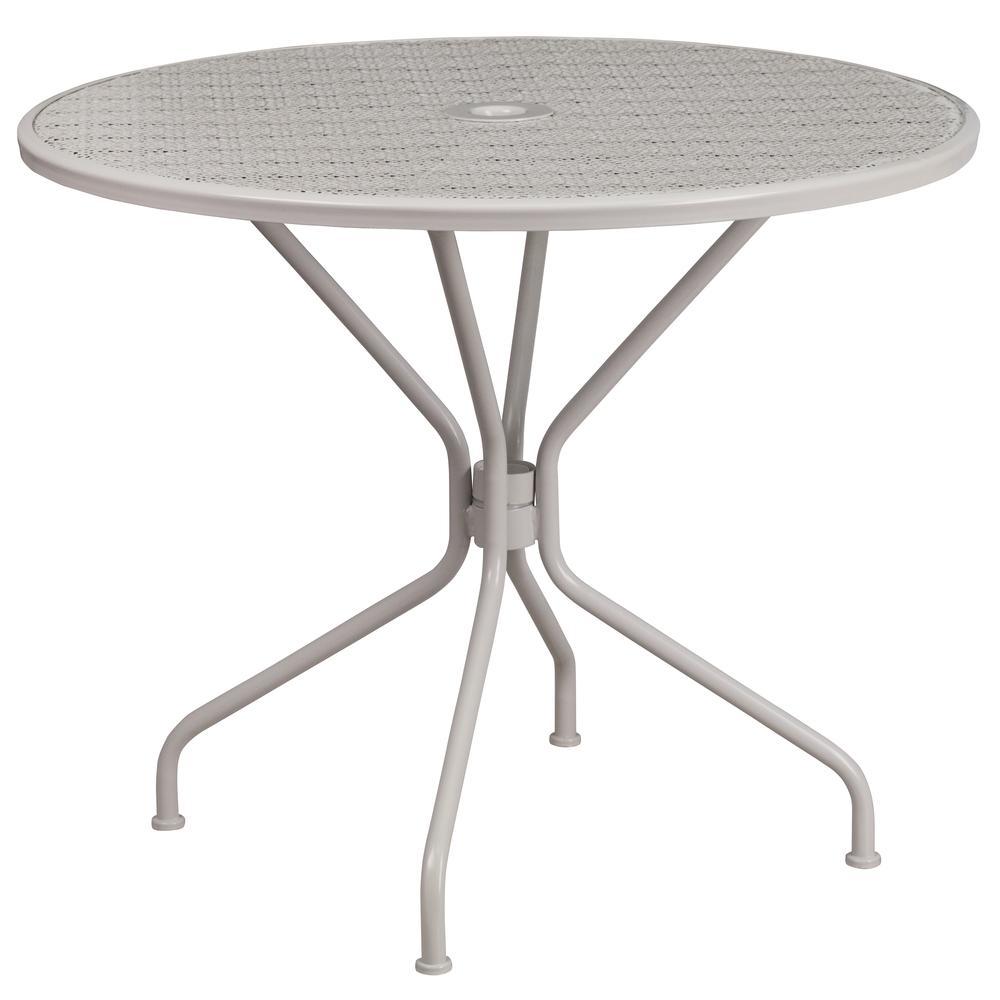 Commercial Grade 35.25" Round Light Gray Indoor-Outdoor Steel Patio Table Set with 2 Square Back Chairs. Picture 2