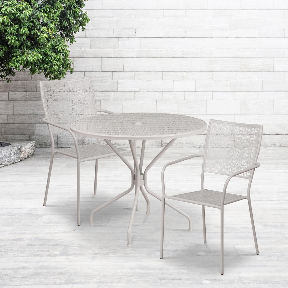 Commercial Grade 35.25" Round Light Gray Indoor-Outdoor Steel Patio Table Set with 2 Square Back Chairs. Picture 4