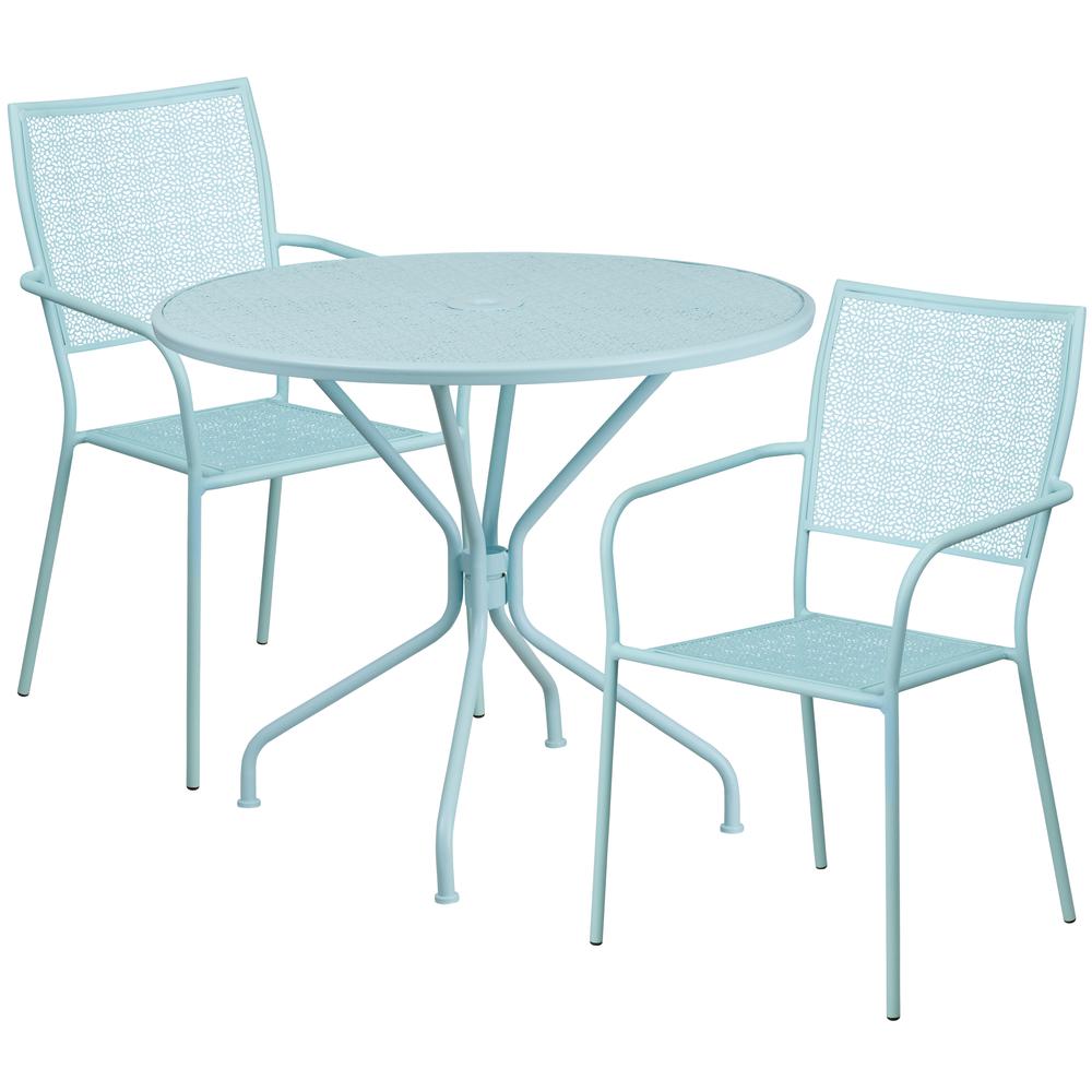 Commercial Grade 35.25" Round Sky Blue Indoor-Outdoor Steel Patio Table Set with 2 Square Back Chairs. Picture 2