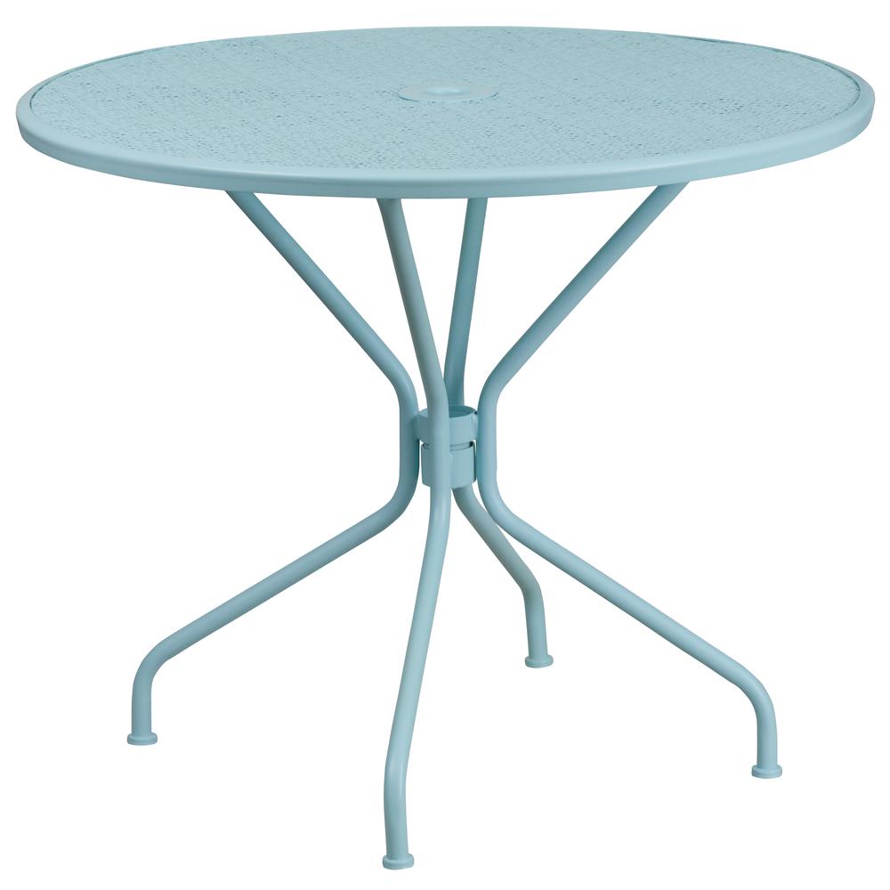 Commercial Grade 35.25" Round Sky Blue Indoor-Outdoor Steel Patio Table Set with 2 Square Back Chairs. Picture 3
