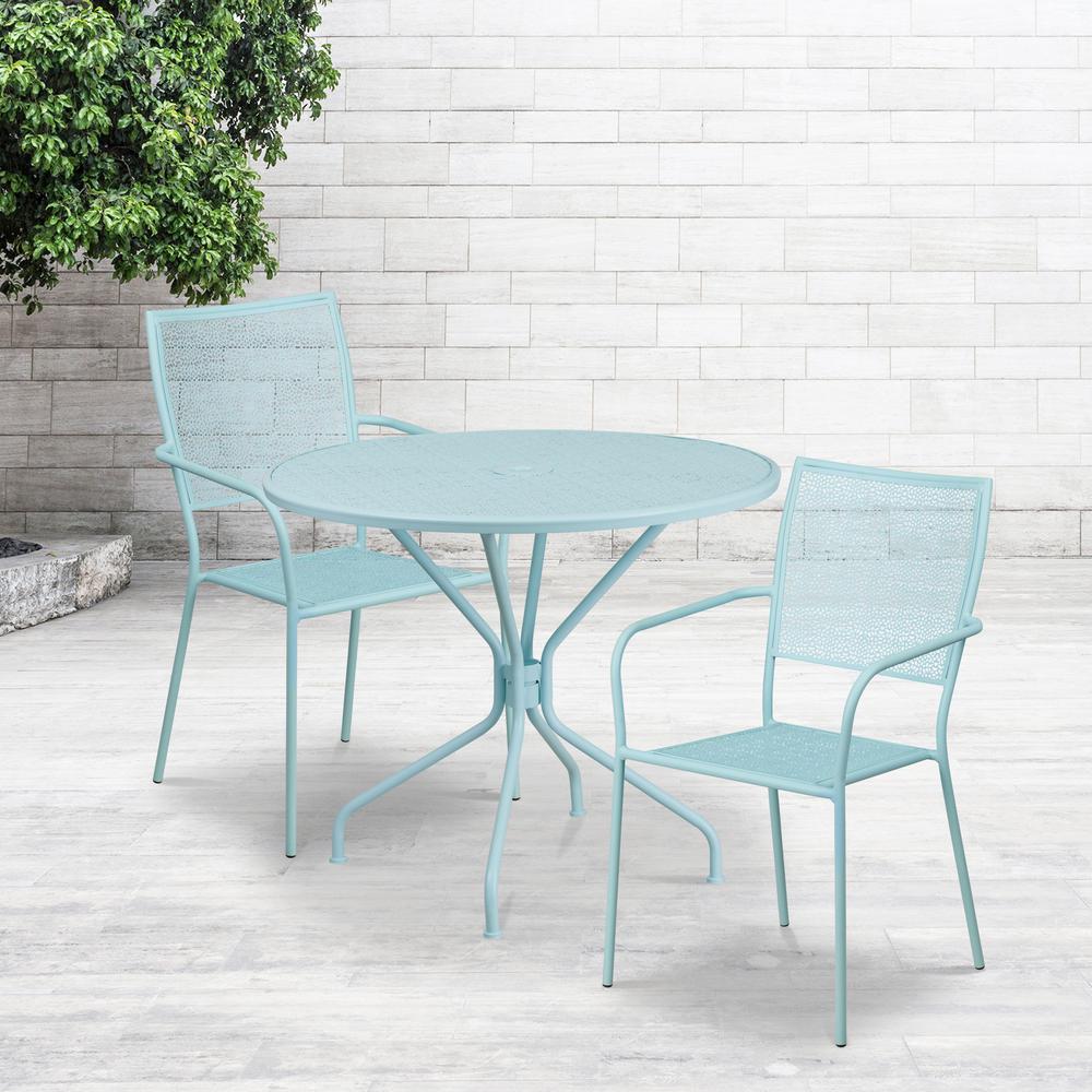 Commercial Grade 35.25" Round Sky Blue Indoor-Outdoor Steel Patio Table Set with 2 Square Back Chairs. Picture 4