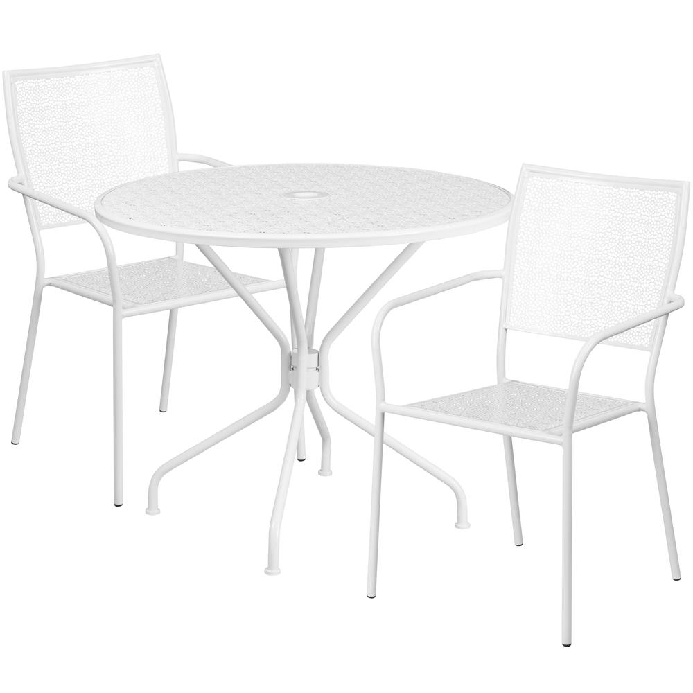 Commercial Grade 35.25" Round White Indoor-Outdoor Steel Patio Table Set with 2 Square Back Chairs. Picture 1