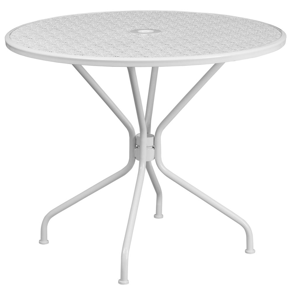 Commercial Grade 35.25" Round White Indoor-Outdoor Steel Patio Table Set with 2 Square Back Chairs. Picture 2