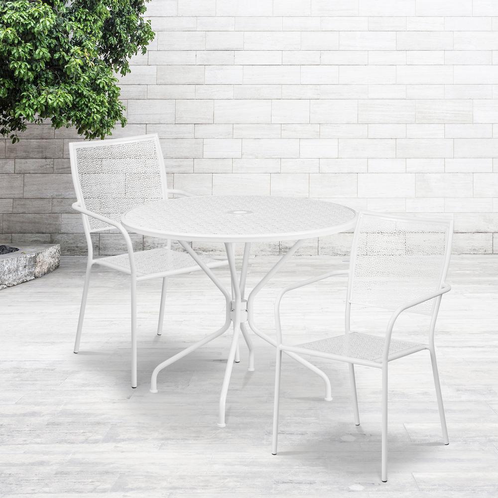 Commercial Grade 35.25" Round White Indoor-Outdoor Steel Patio Table Set with 2 Square Back Chairs. Picture 4