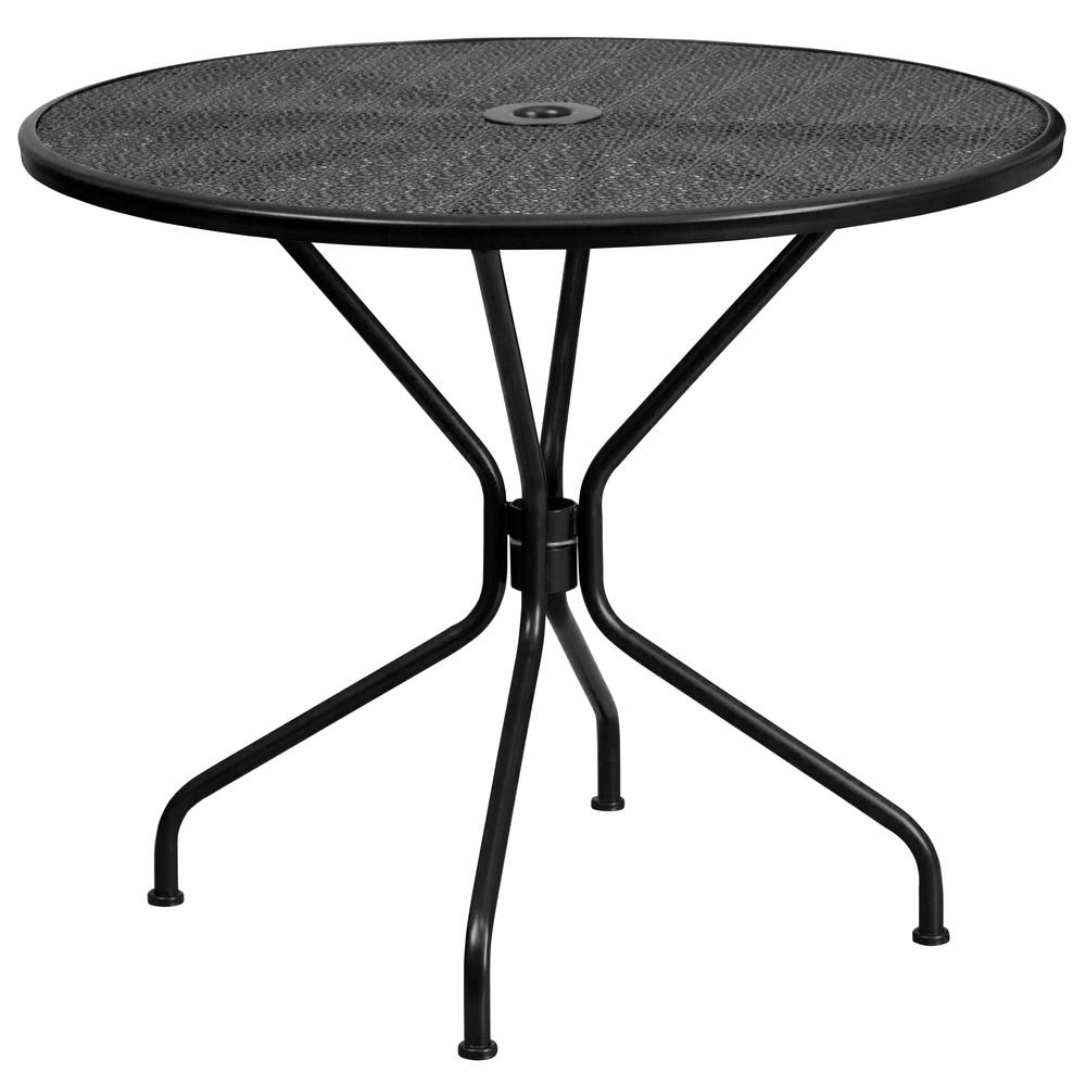 Commercial Grade 35.25" Round Black Indoor-Outdoor Steel Patio Table Set with 4 Square Back Chairs. Picture 2