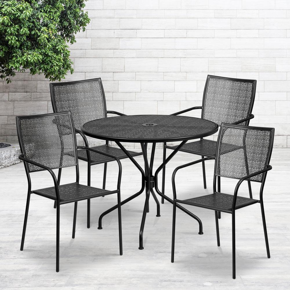 Commercial Grade 35.25" Round Black Indoor-Outdoor Steel Patio Table Set with 4 Square Back Chairs. Picture 4