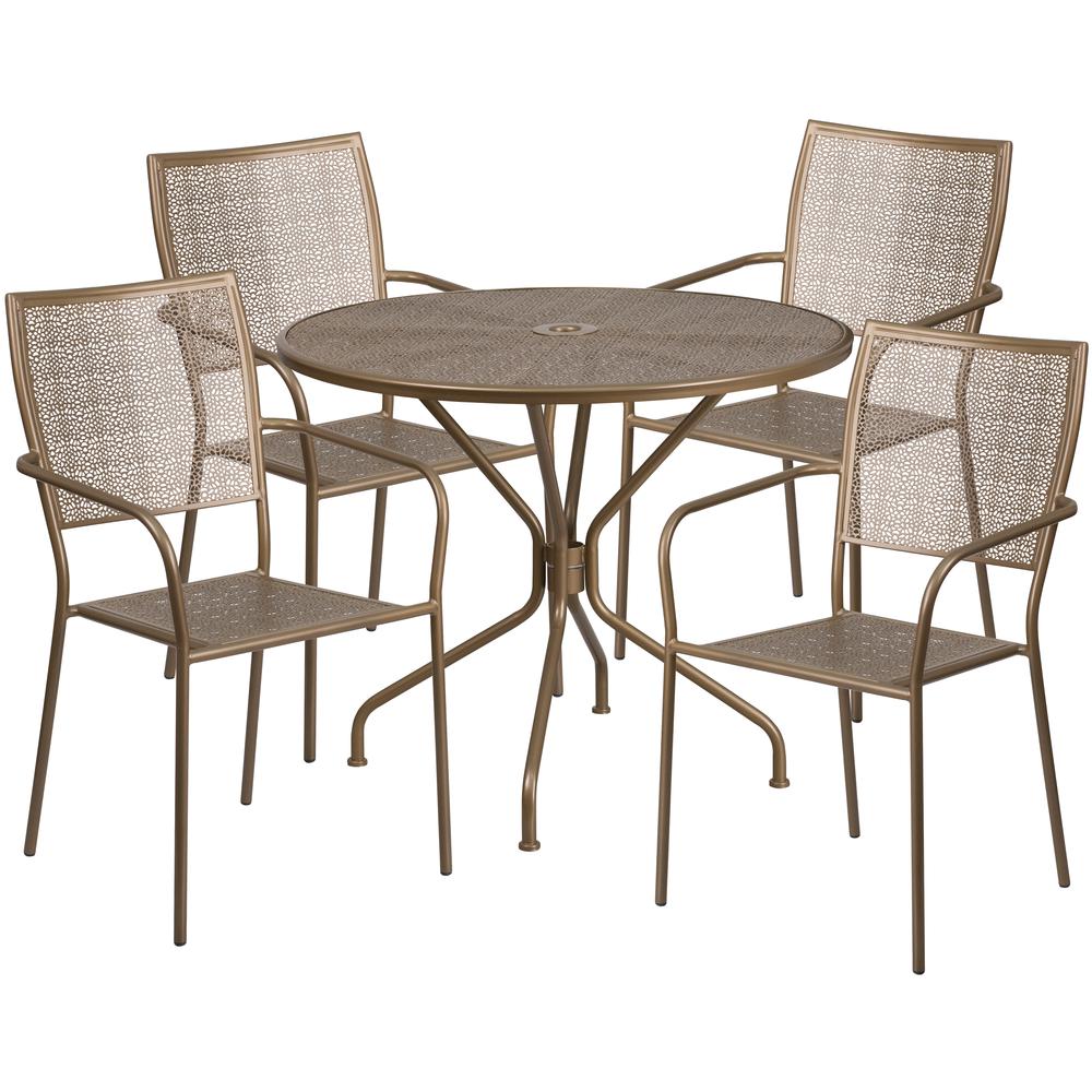 Commercial Grade 35.25" Round Gold Indoor-Outdoor Steel Patio Table Set with 4 Square Back Chairs. Picture 1