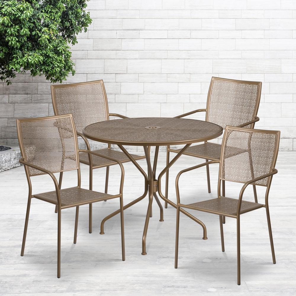 Commercial Grade 35.25" Round Gold Indoor-Outdoor Steel Patio Table Set with 4 Square Back Chairs. Picture 4