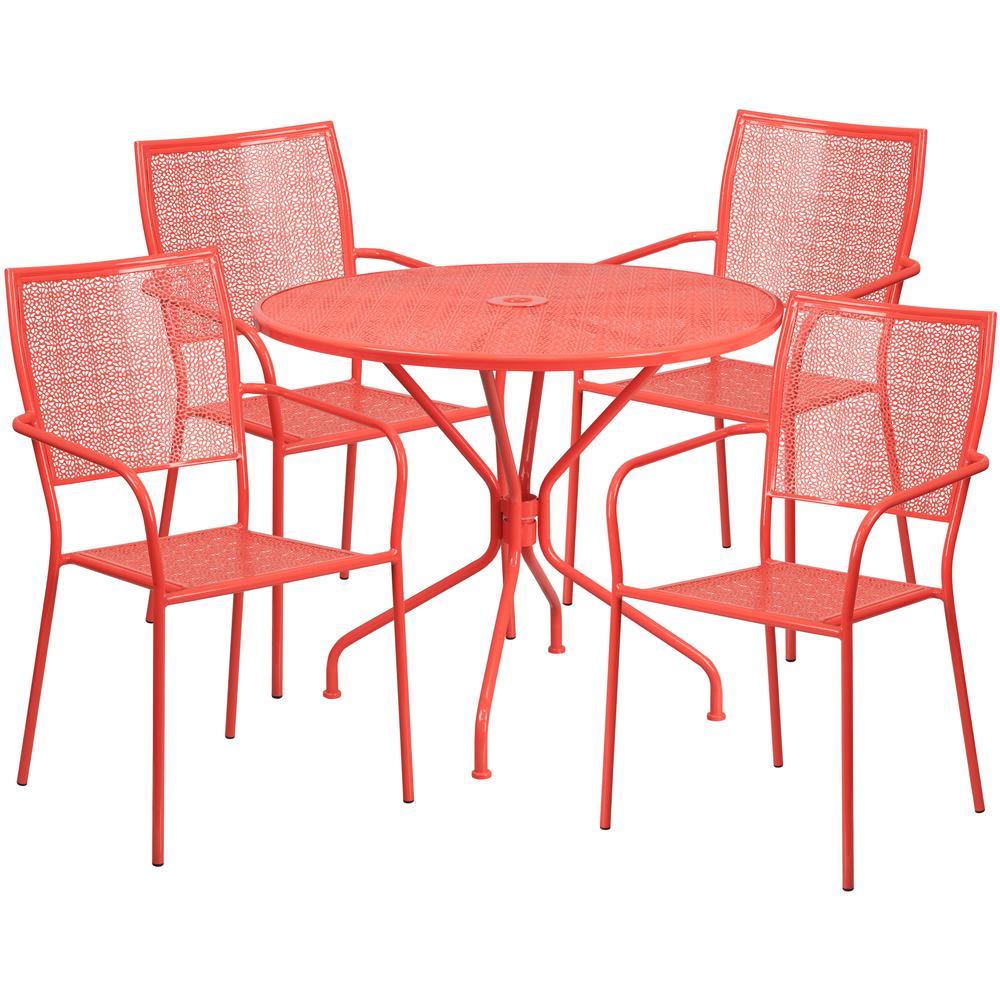 Commercial Grade 35.25" Round Coral Indoor-Outdoor Steel Patio Table Set with 4 Square Back Chairs. Picture 2