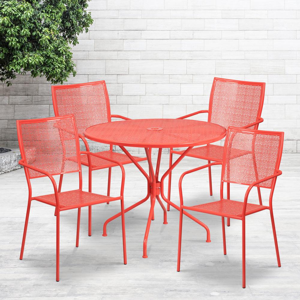 Commercial Grade 35.25" Round Coral Indoor-Outdoor Steel Patio Table Set with 4 Square Back Chairs. Picture 1
