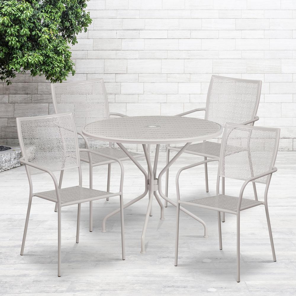 Commercial Grade 35.25" Round Light Gray Indoor-Outdoor Steel Patio Table Set with 4 Square Back Chairs. Picture 4