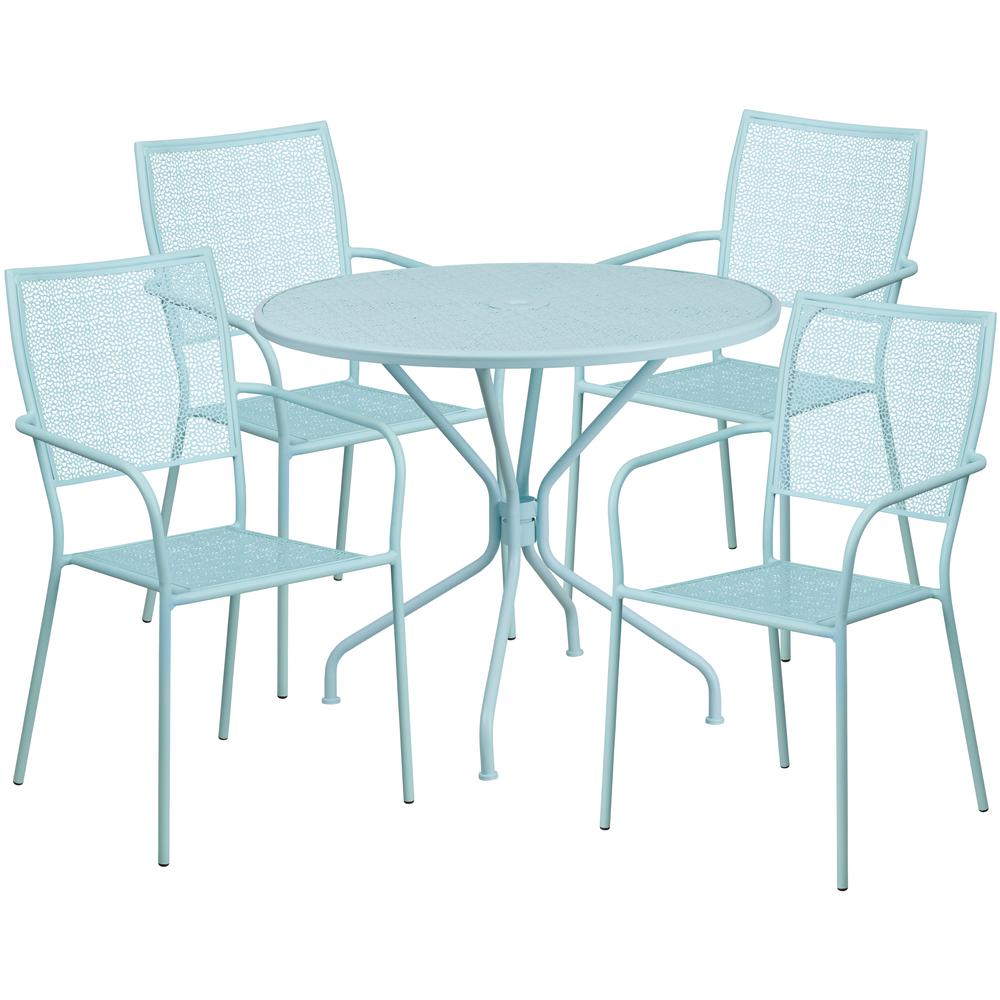 35.25" Round Sky Blue Indoor-Outdoor Steel Patio Table Set with 4 Back Chairs. Picture 2