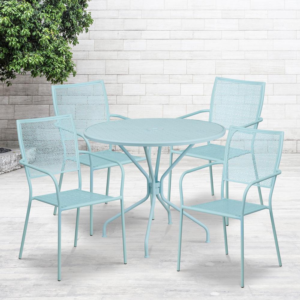 35.25" Round Sky Blue Indoor-Outdoor Steel Patio Table Set with 4 Back Chairs. Picture 1