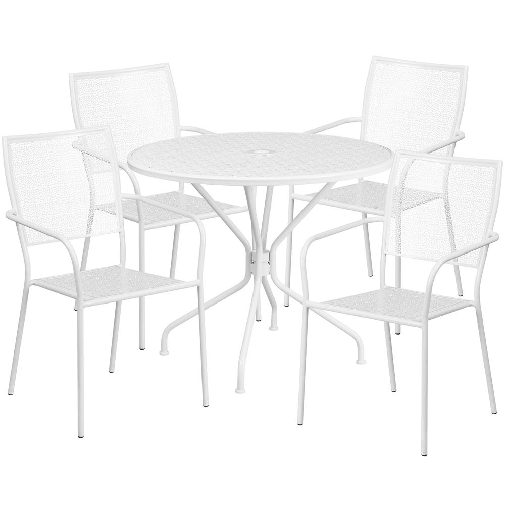 35.25" Round White Indoor-Outdoor Steel Patio Table Set with 4 Back Chairs. Picture 2