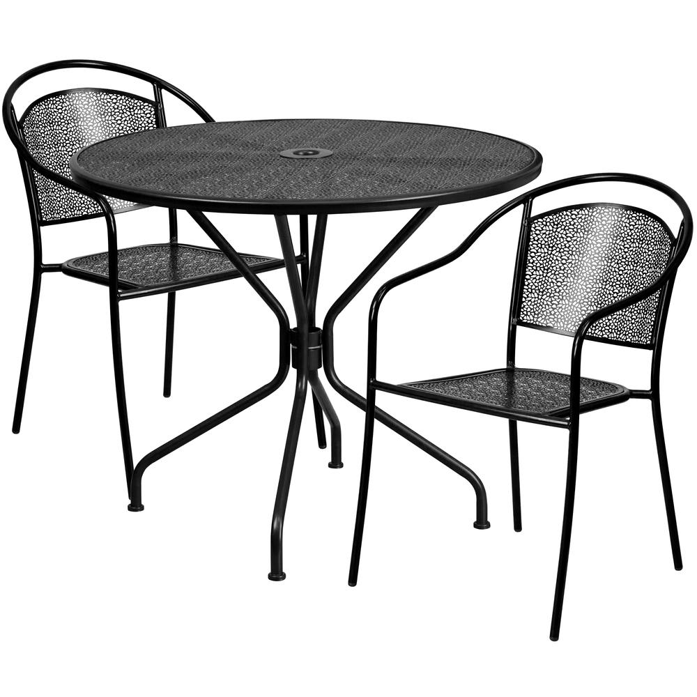 Commercial Grade 35.25" Round Black Indoor-Outdoor Steel Patio Table Set with 2 Round Back Chairs. The main picture.