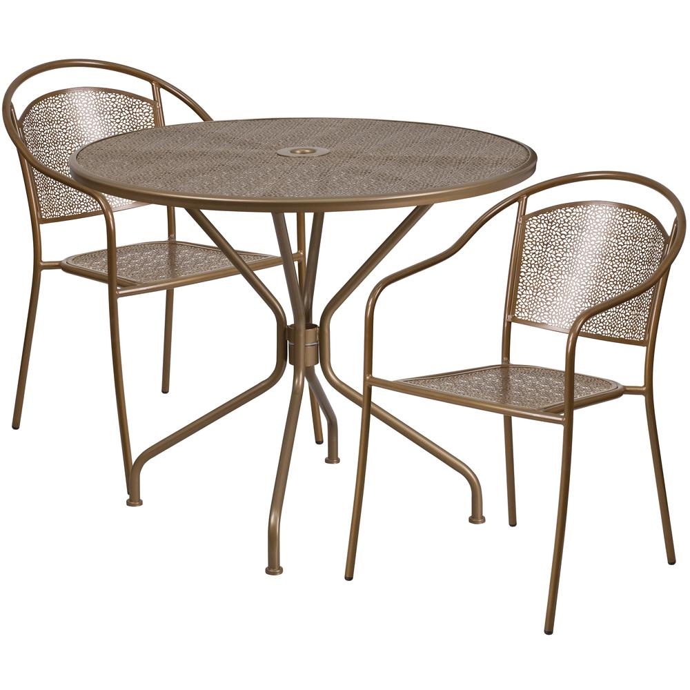 Commercial Grade 35.25" Round Gold Indoor-Outdoor Steel Patio Table Set with 2 Round Back Chairs. Picture 1
