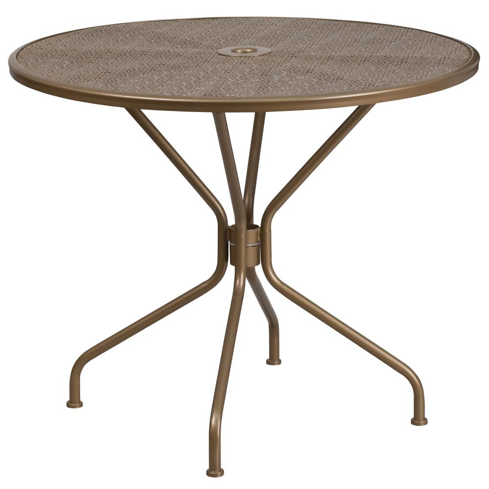Commercial Grade 35.25" Round Gold Indoor-Outdoor Steel Patio Table Set with 2 Round Back Chairs. Picture 2