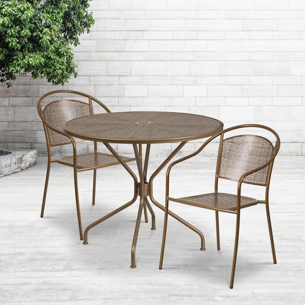 35.25" Round Gold Indoor-Outdoor Steel Patio Table Set with 2 Round Back Chairs. Picture 2