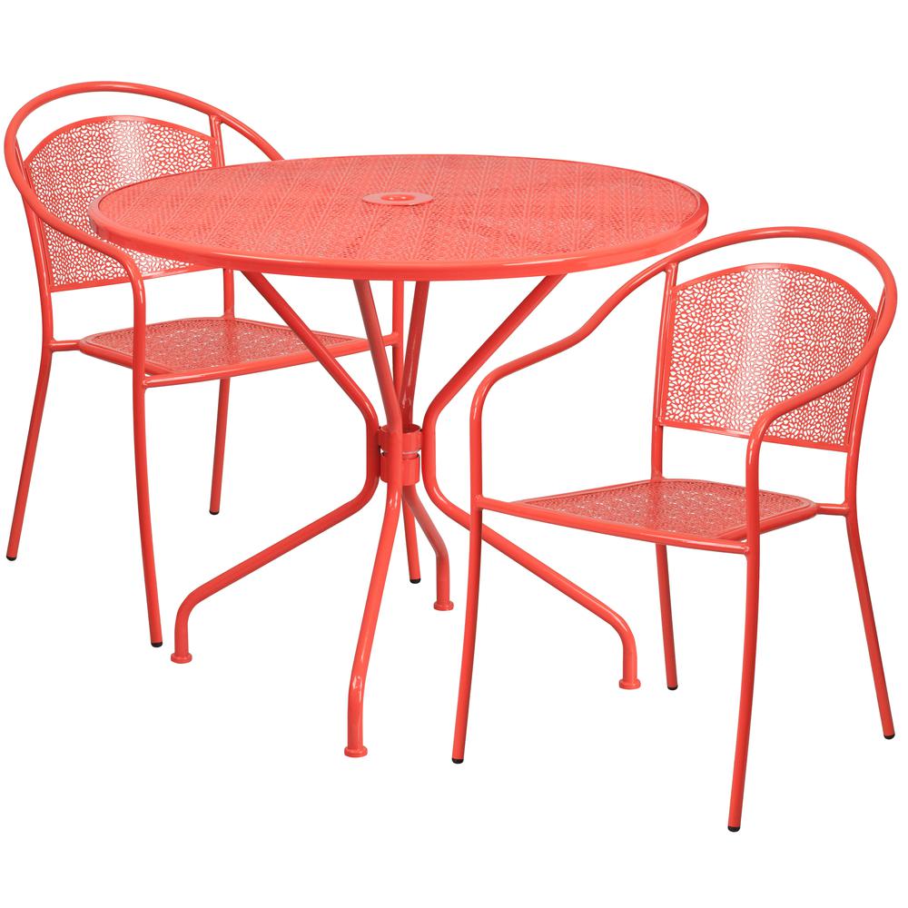 Commercial Grade 35.25" Round Coral Indoor-Outdoor Steel Patio Table Set with 2 Round Back Chairs. Picture 2