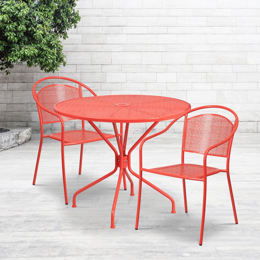 Commercial Grade 35.25" Round Coral Indoor-Outdoor Steel Patio Table Set with 2 Round Back Chairs. The main picture.