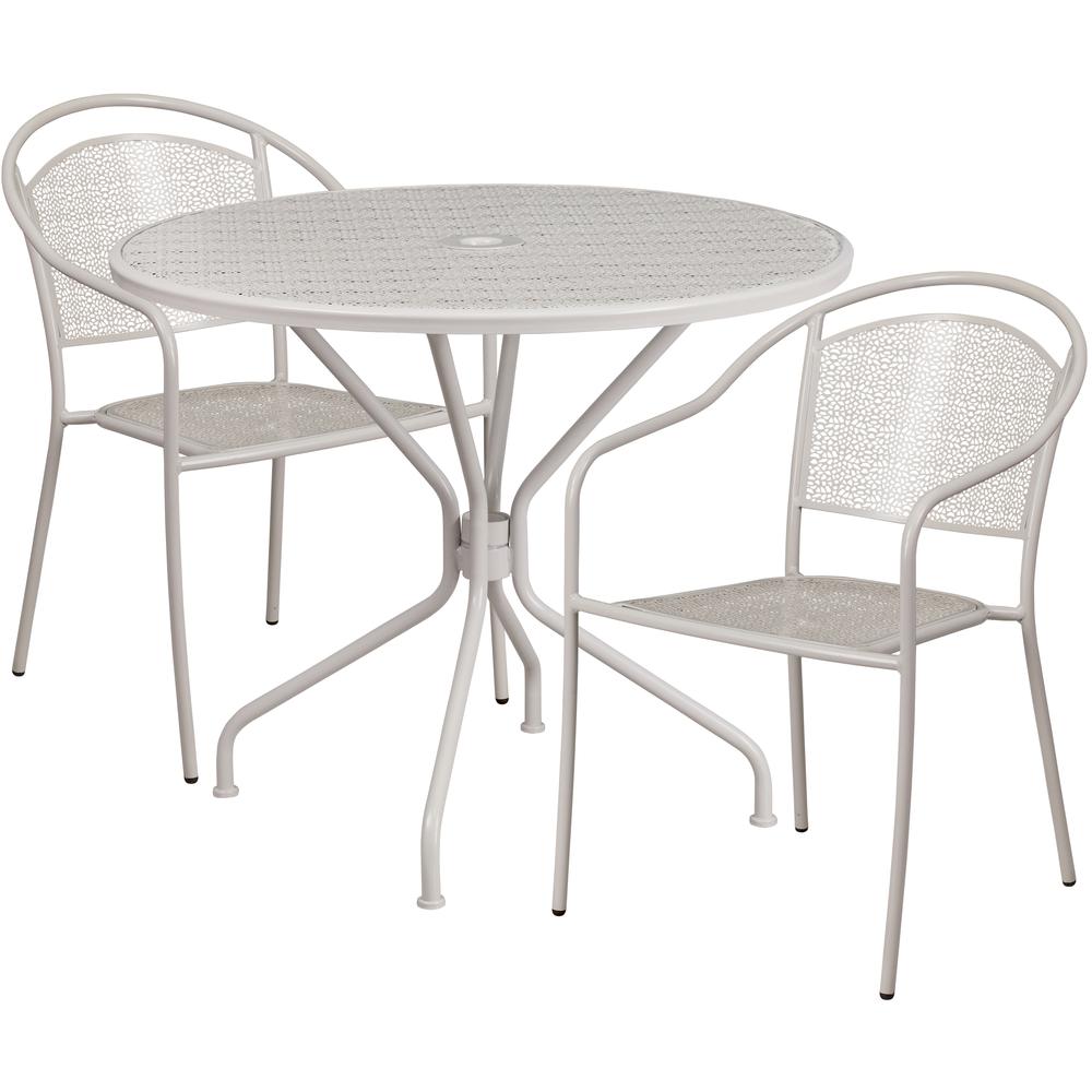 Commercial Grade 35.25" Round Light Gray Indoor-Outdoor Steel Patio Table Set with 2 Round Back Chairs. Picture 1