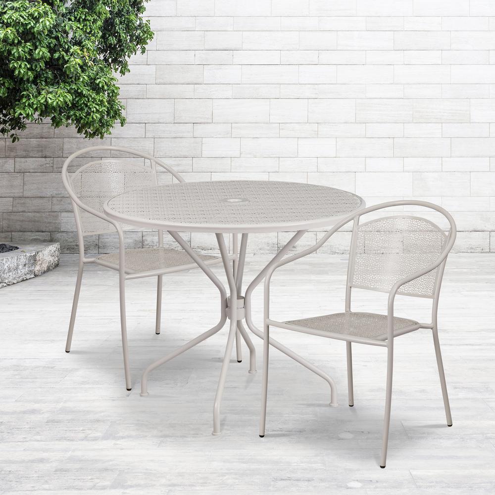Commercial Grade 35.25" Round Light Gray Indoor-Outdoor Steel Patio Table Set with 2 Round Back Chairs. Picture 4