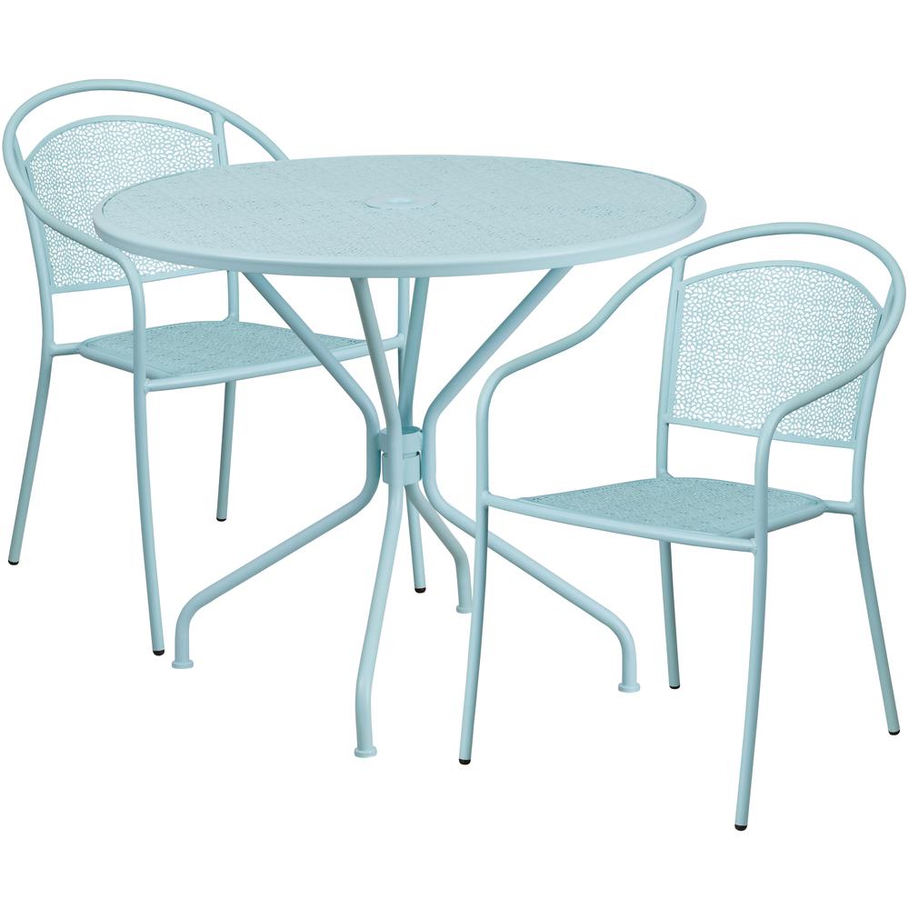 Commercial Grade 35.25" Round Sky Blue Indoor-Outdoor Steel Patio Table Set with 2 Round Back Chairs. Picture 1