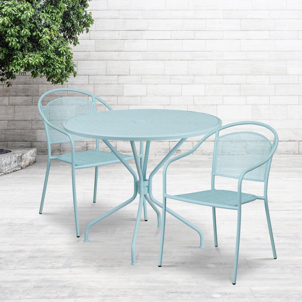 Commercial Grade 35.25" Round Sky Blue Indoor-Outdoor Steel Patio Table Set with 2 Round Back Chairs. Picture 4