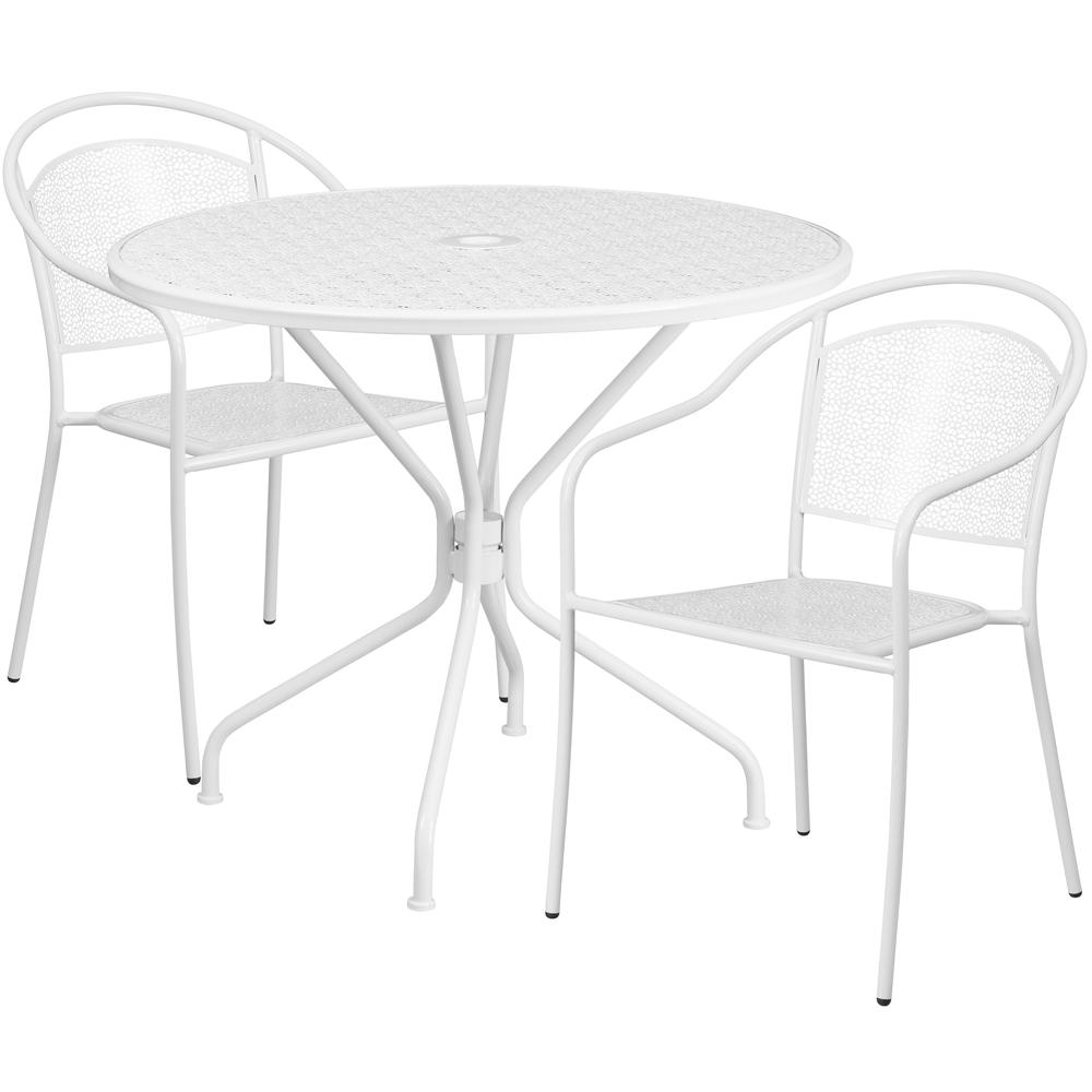 Commercial Grade 35.25" Round White Indoor-Outdoor Steel Patio Table Set with 2 Round Back Chairs. The main picture.