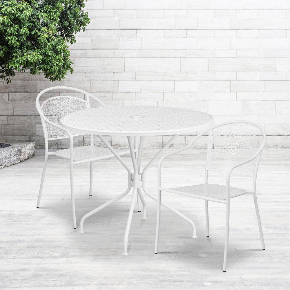 Commercial Grade 35.25" Round White Indoor-Outdoor Steel Patio Table Set with 2 Round Back Chairs. Picture 4