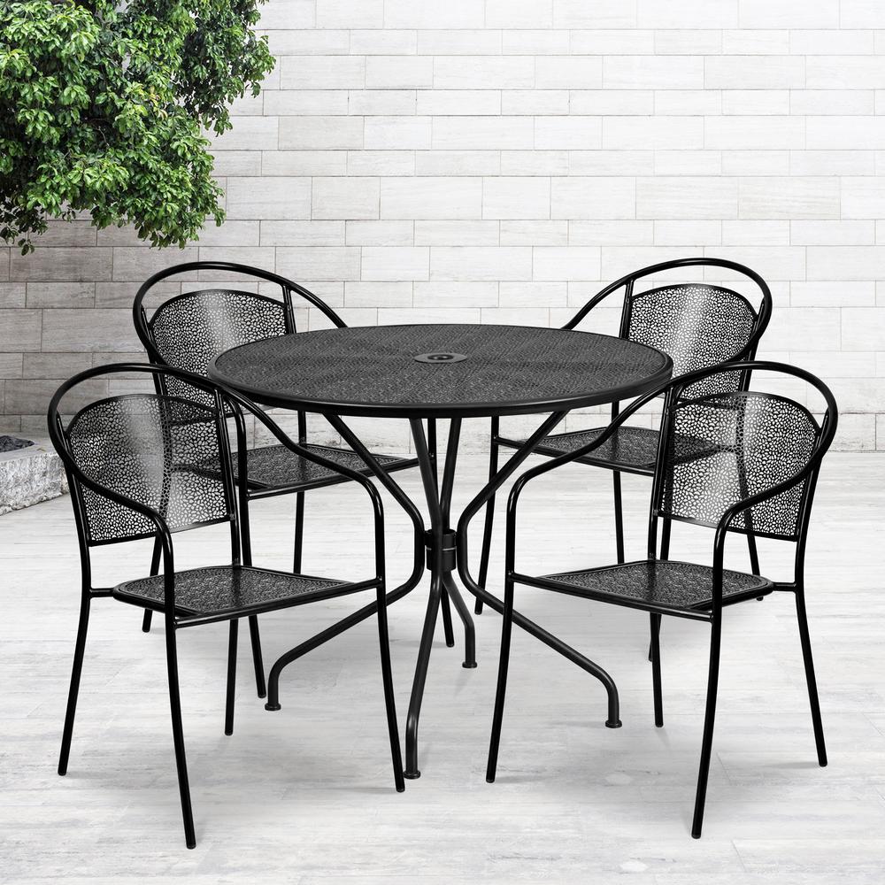 Commercial Grade 35.25" Round Black Indoor-Outdoor Steel Patio Table Set with 4 Round Back Chairs. Picture 5