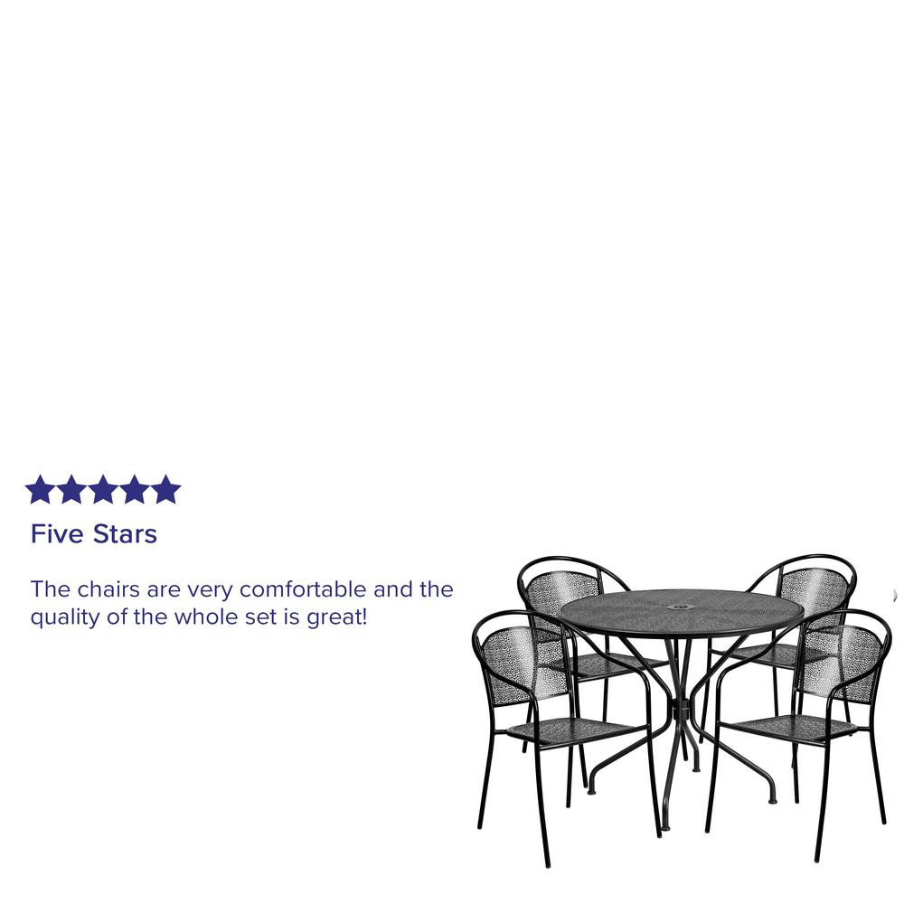 Commercial Grade 35.25" Round Black Indoor-Outdoor Steel Patio Table Set with 4 Round Back Chairs. Picture 6
