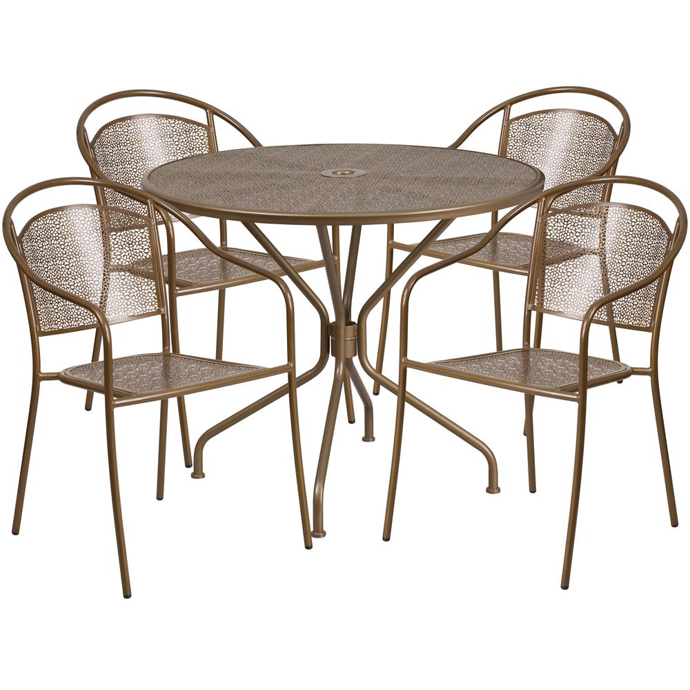 Commercial Grade 35.25" Round Gold Indoor-Outdoor Steel Patio Table Set with 4 Round Back Chairs. Picture 1