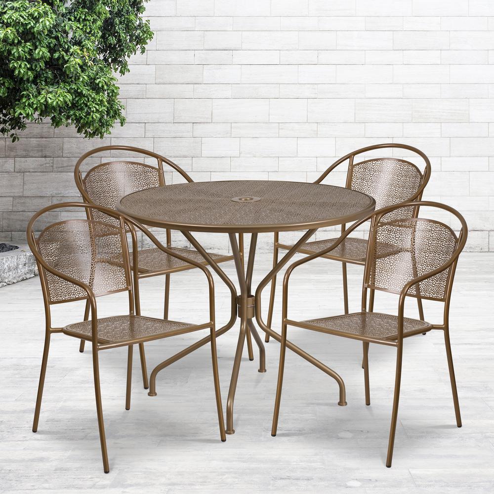 Commercial Grade 35.25" Round Gold Indoor-Outdoor Steel Patio Table Set with 4 Round Back Chairs. Picture 4
