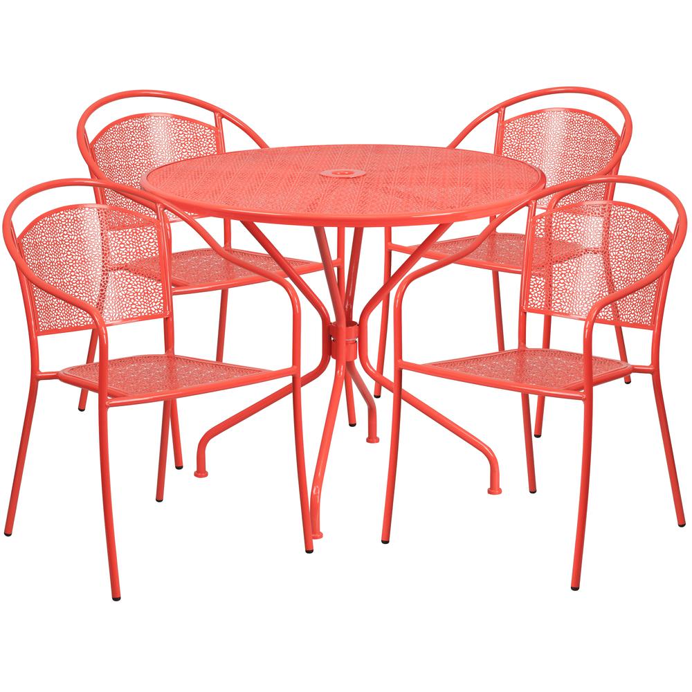 Commercial Grade 35.25" Round Coral Indoor-Outdoor Steel Patio Table Set with 4 Round Back Chairs. Picture 2