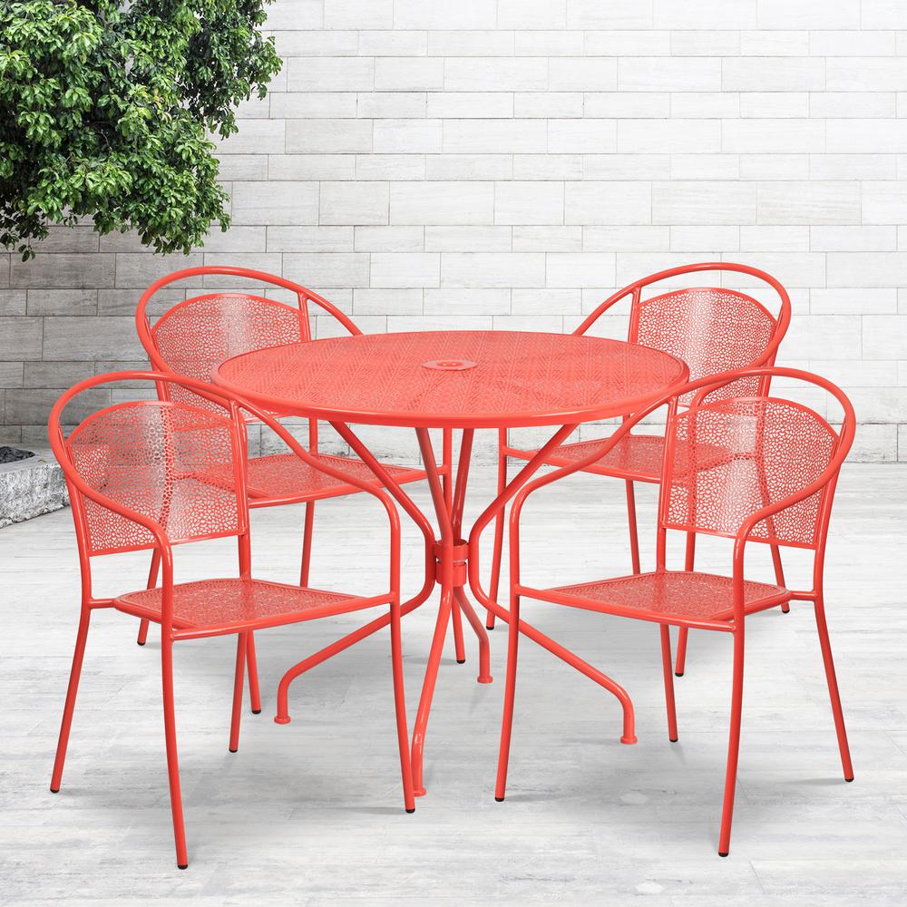 Commercial Grade 35.25" Round Coral Indoor-Outdoor Steel Patio Table Set with 4 Round Back Chairs. The main picture.