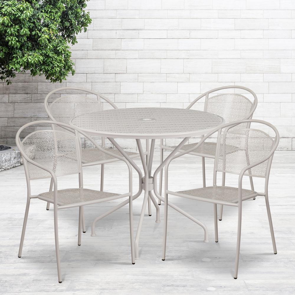 Commercial Grade 35.25" Round Light Gray Indoor-Outdoor Steel Patio Table Set with 4 Round Back Chairs. Picture 4
